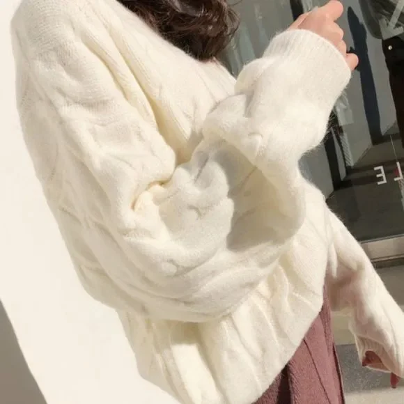 Cable-knit Pullover Sweater | Oversized Top Blouse School Office Fall/Winter - Picture 3 of 6